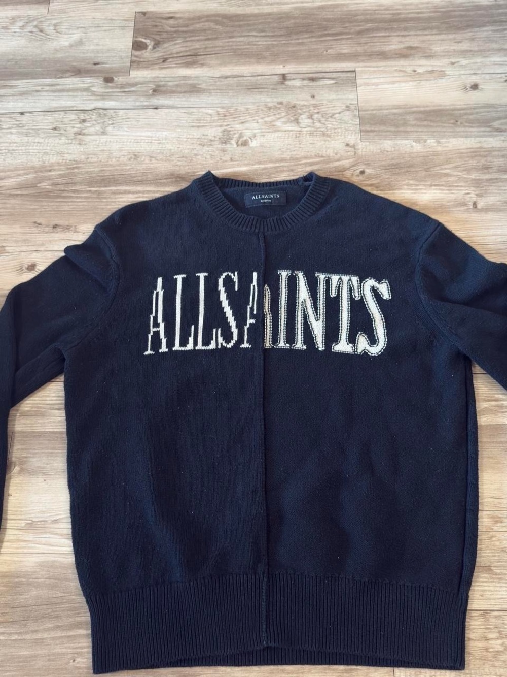 All Saints Black Crewneck Sweater with Contrasting White Logo